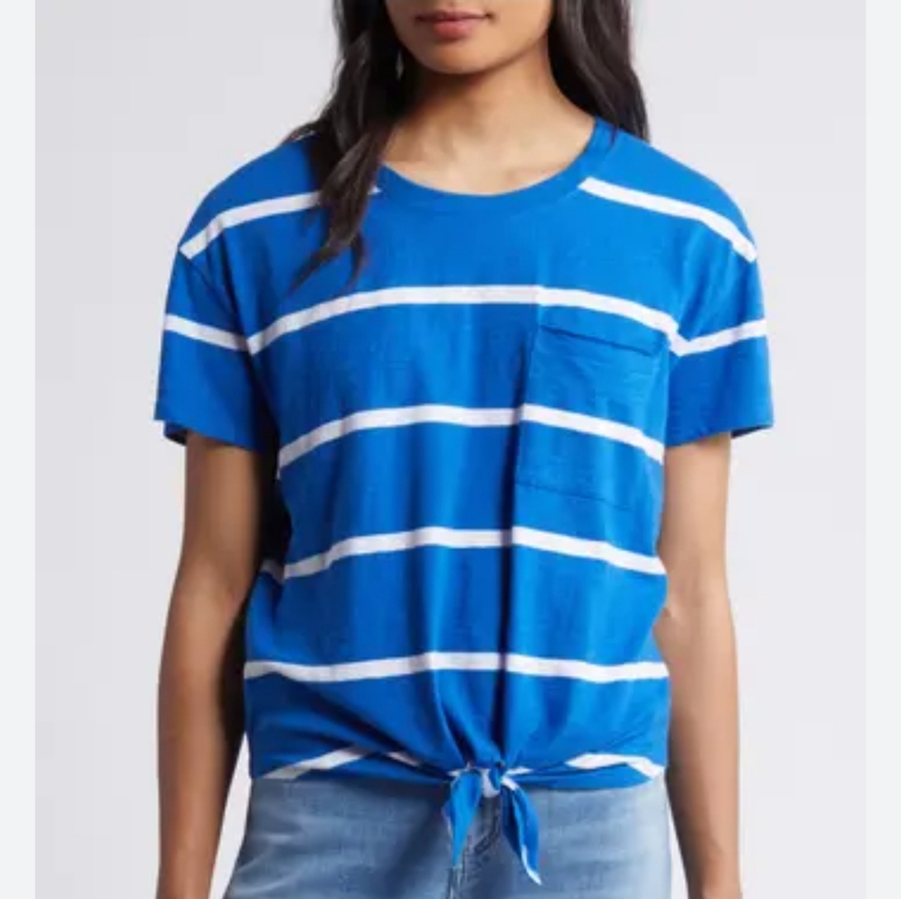 Caslon  Blue and White‎ Stripe Crewneck Tie Front T-Shirt